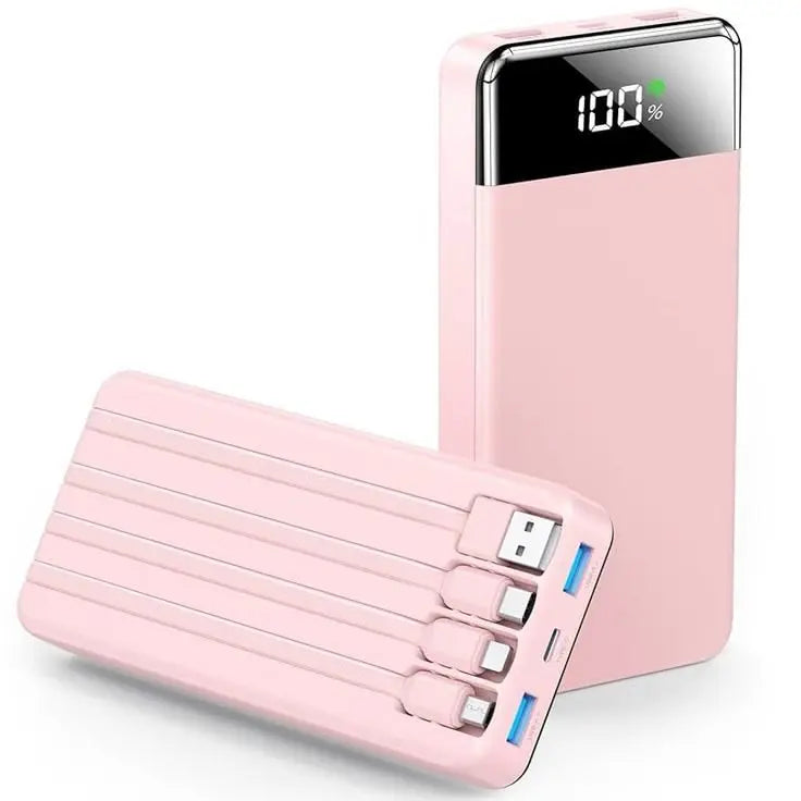 Portable Charger with Built in Cables,10000mAh Slim USB C Power Bank,5 Output 3 Input LED Display High Speed External Battery Pack Travel Phone Charger for iPhone Samsung Pixel LG Moto iPad,Pink