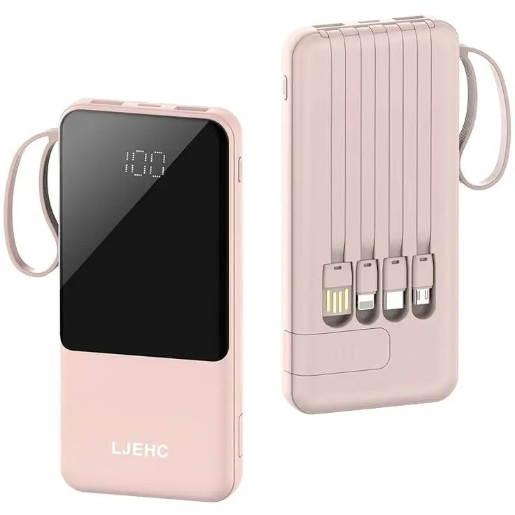 Portable Charger with Built in Cables,10000mAh Slim USB C Power Bank,5 Output 3 Input LED Display High Speed External Battery Pack Travel Phone Charger for iPhone Samsung Pixel LG Moto iPad,Pink